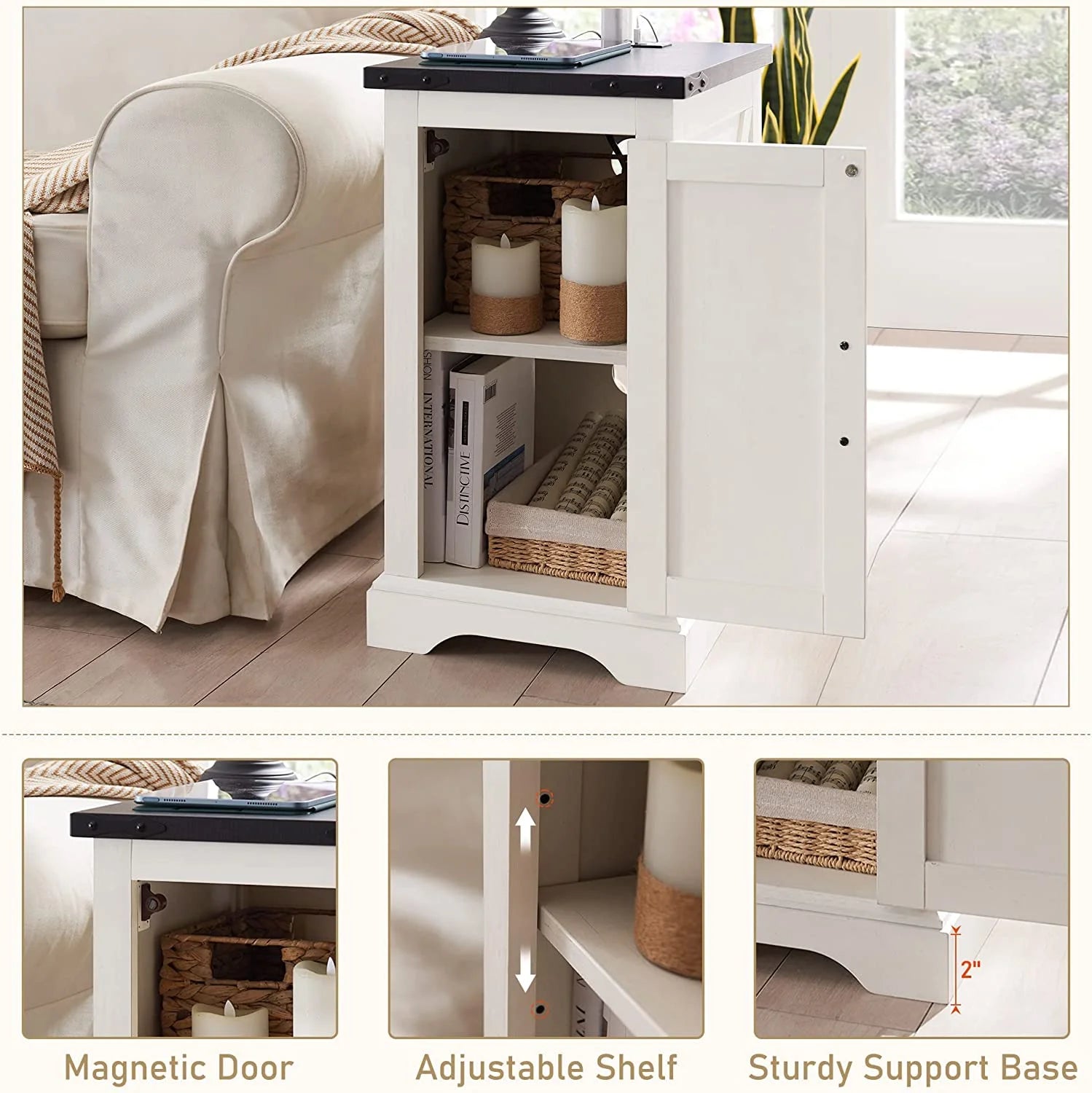 White Farmhouse Wood Nightstand with Charging Station Z30724