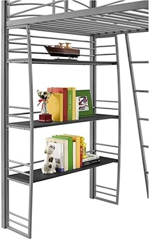 Gray Metal Frame Twin Loft Bed with Desk and Bookcase J7309