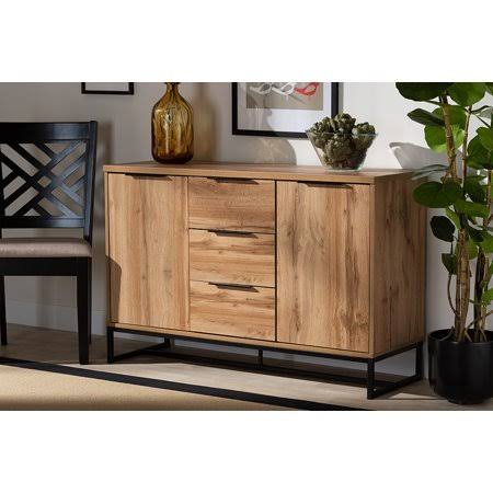 Industrial Oak Finished Wood and Black Metal 3-Drawer Sideboard Buffet K217
