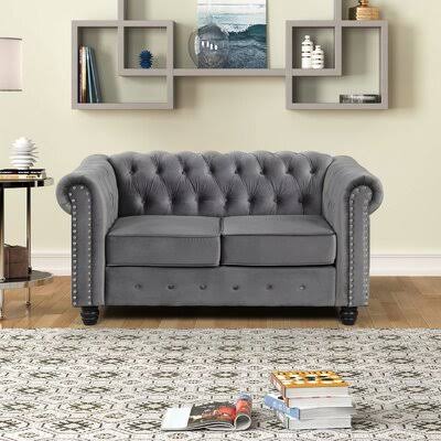 Light Gray Velvet Rolled Arm Chesterfield Loveseat H166