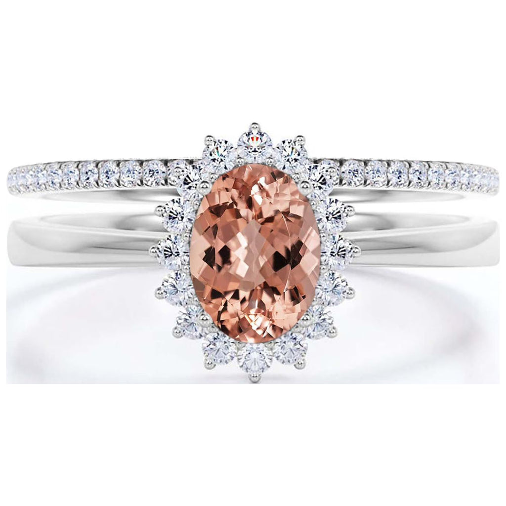 2.00 Carat Oval Morganite And Diamond Moissanite Engagement Ring With Matching Band in 925 Sterling Silver M808