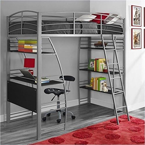 Gray Metal Frame Twin Loft Bed with Desk and Bookcase J7309