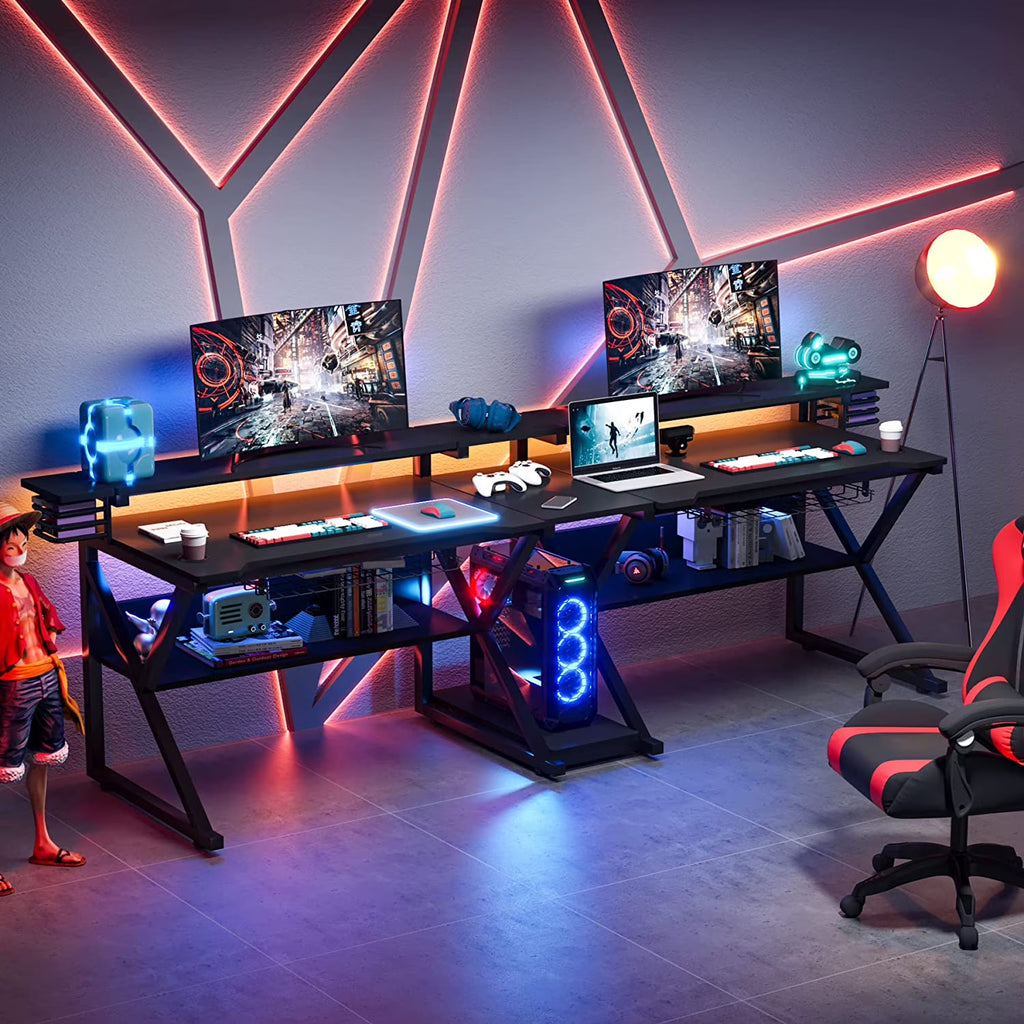 Double Gaming Desk with Hutch Monitor Stand Riser, 102-Inch Two Person Computer Desk with Storage Bookshelf B4359