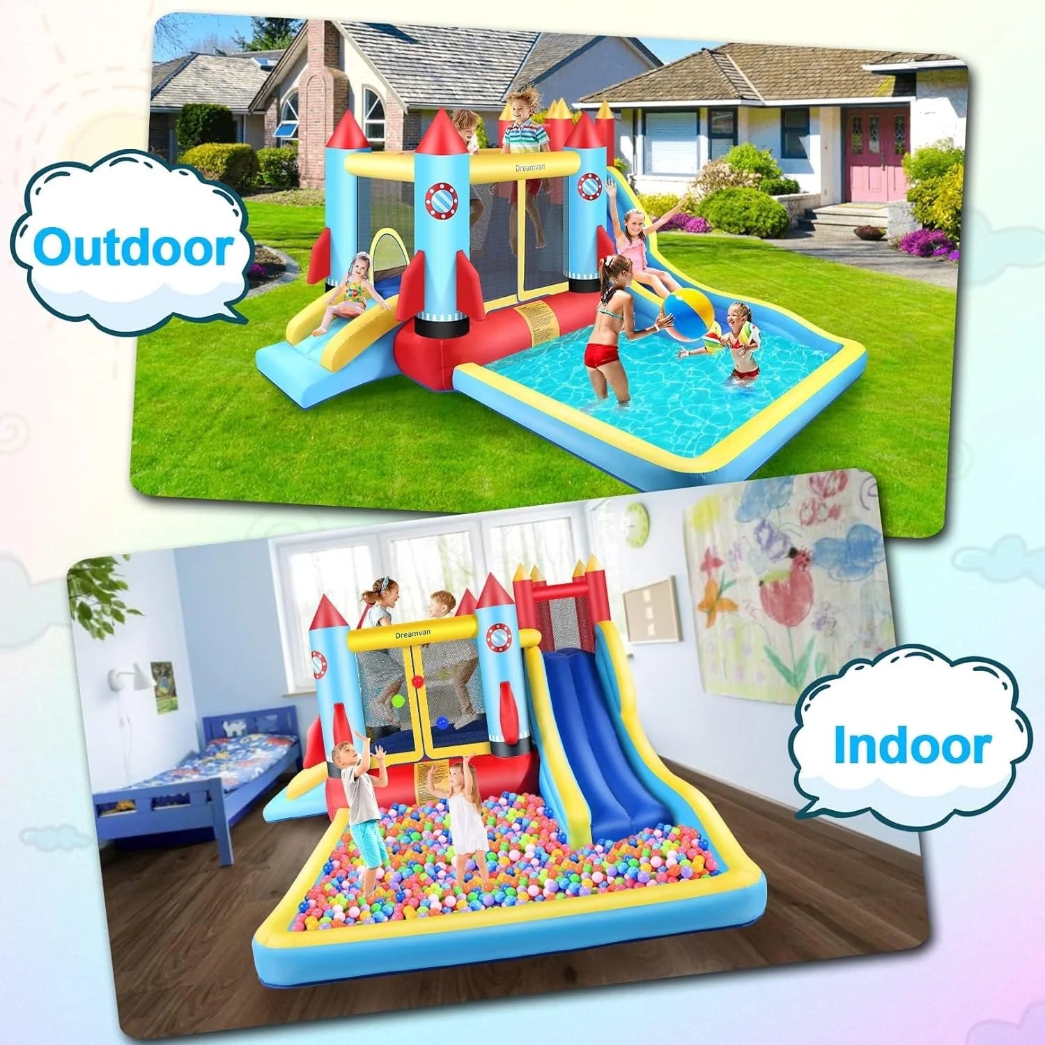 4-in-1 Children's Inflatable Bounce House with Pool and Slide E167102