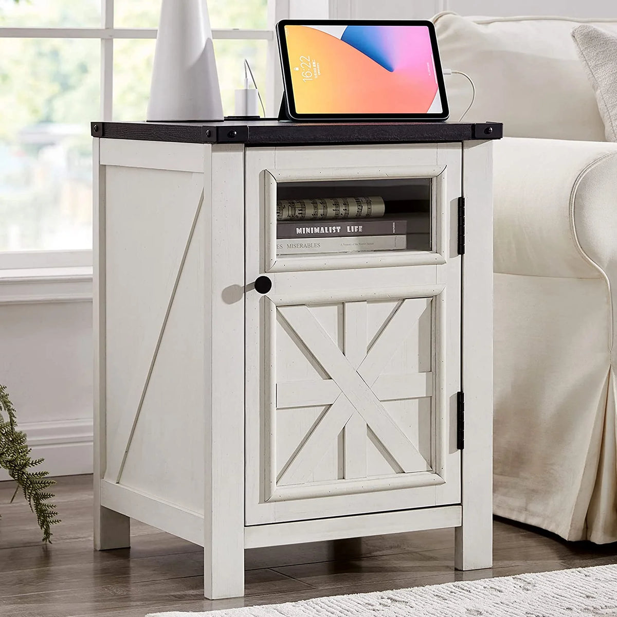 Off White 3-Tier End Table with Charging Station M61469