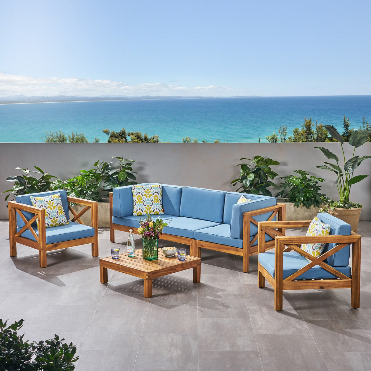 Teak and Blue Acacia Wood 5 Seater Sofa Chat Set X61835