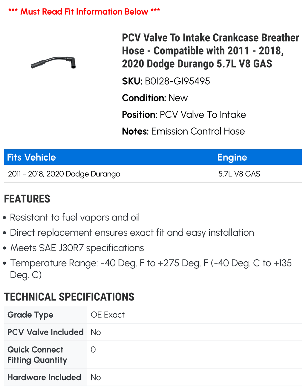 PCV Valve Breather Hose for Dodge Durango 5.7L V8 GAS X4550