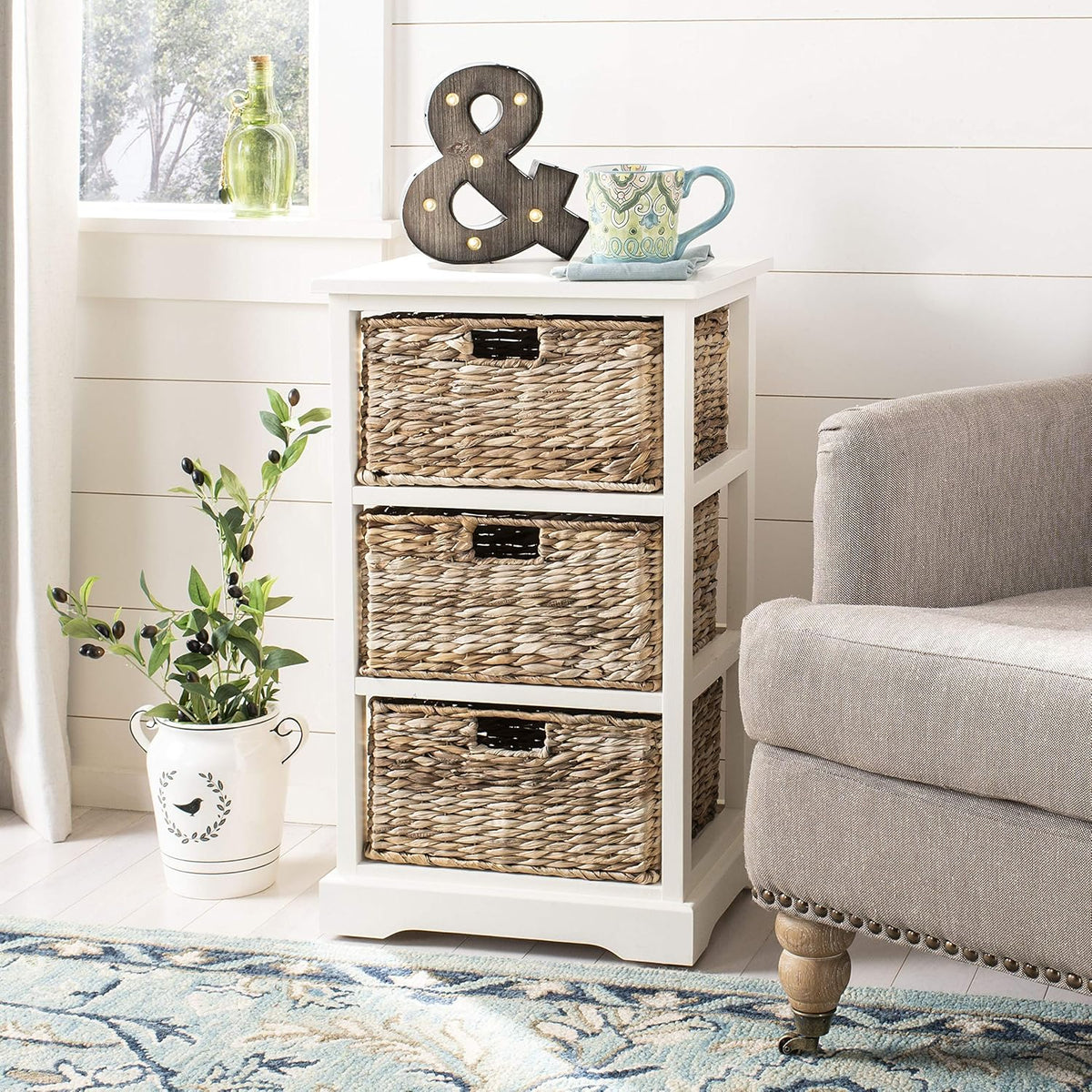 Distressed Black 3 Wicker Basket Storage Side Table C1922