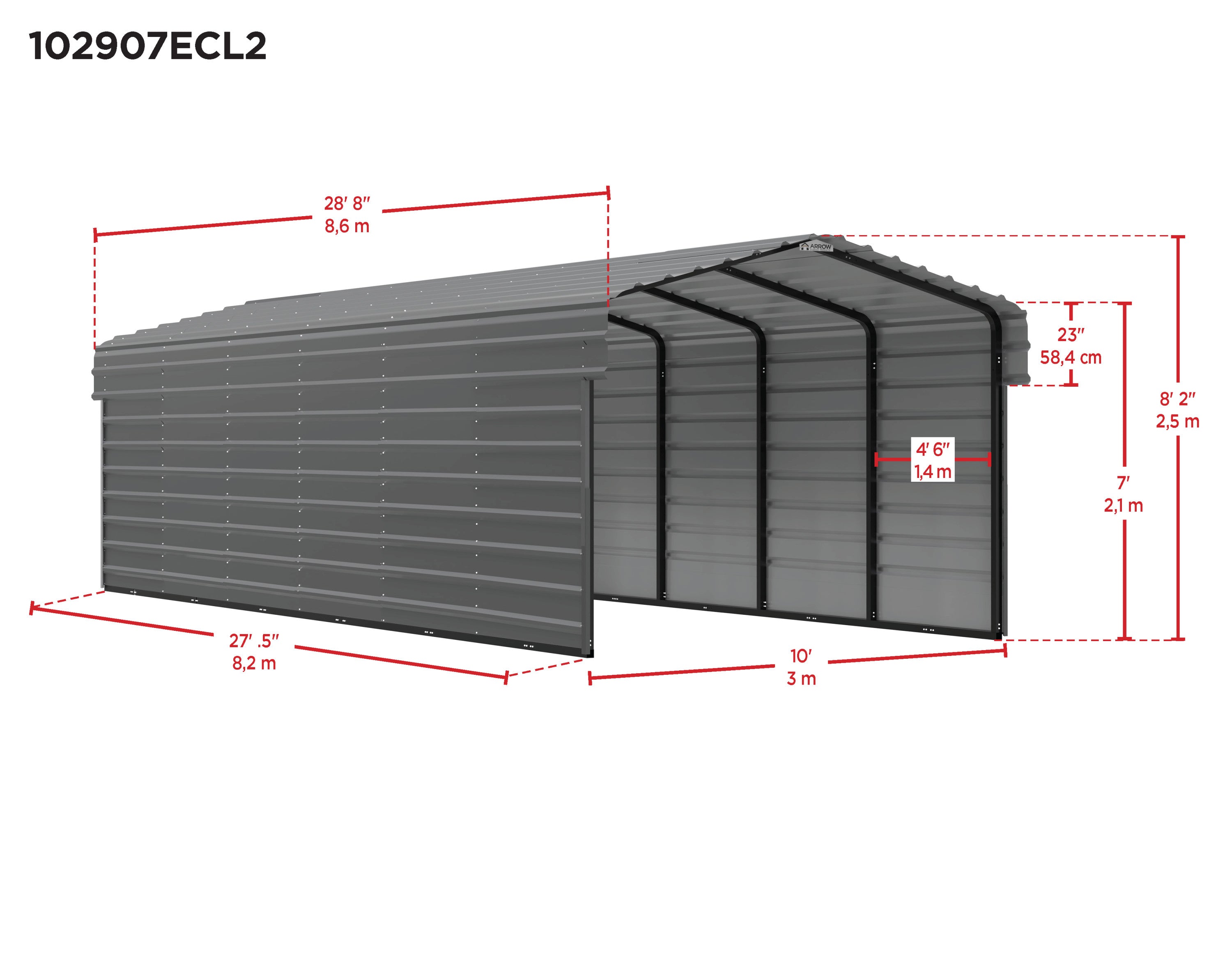 Galvanized Steel Carport Kit, 10' x 29' x 7' B31283