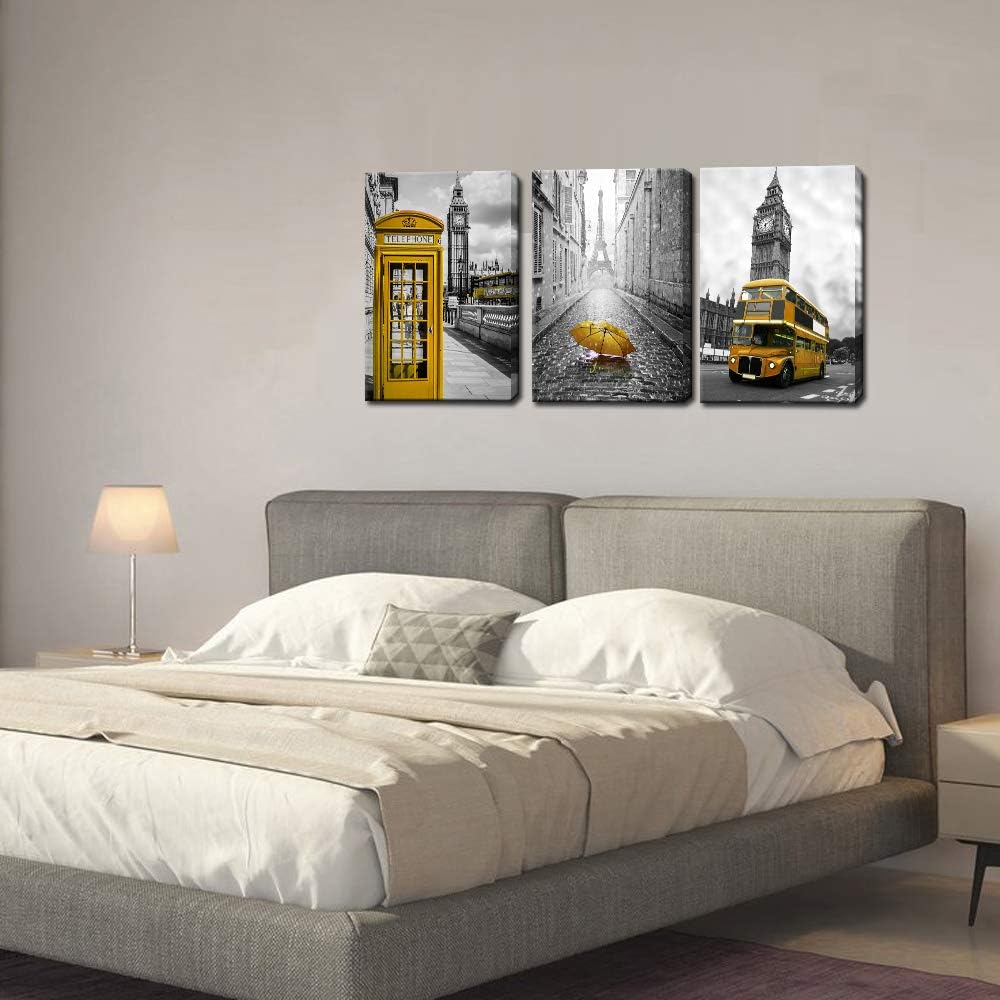 3 Panel City Wall Art Paris Eiffel Tower London Big Ben Canvas Black and Yellow Artwork X148634