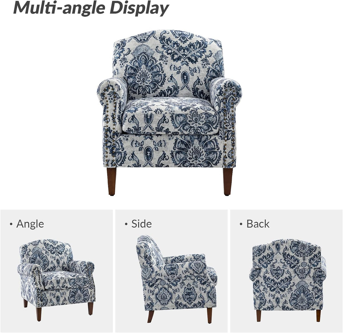 Navy Accent Chair with Wood Legs and Removable Cushion H8112