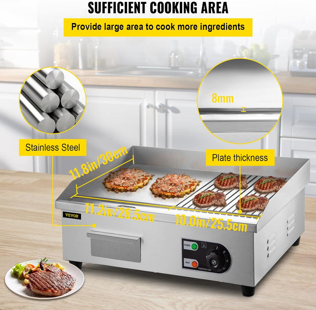 22" Commercial Electric Griddle, 1600W Flat Top Grill, Stainless Steel Countertop Griddle with Drip Hole E11477