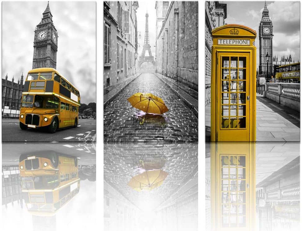 3 Panel City Wall Art Paris Eiffel Tower London Big Ben Canvas Black and Yellow Artwork X148634