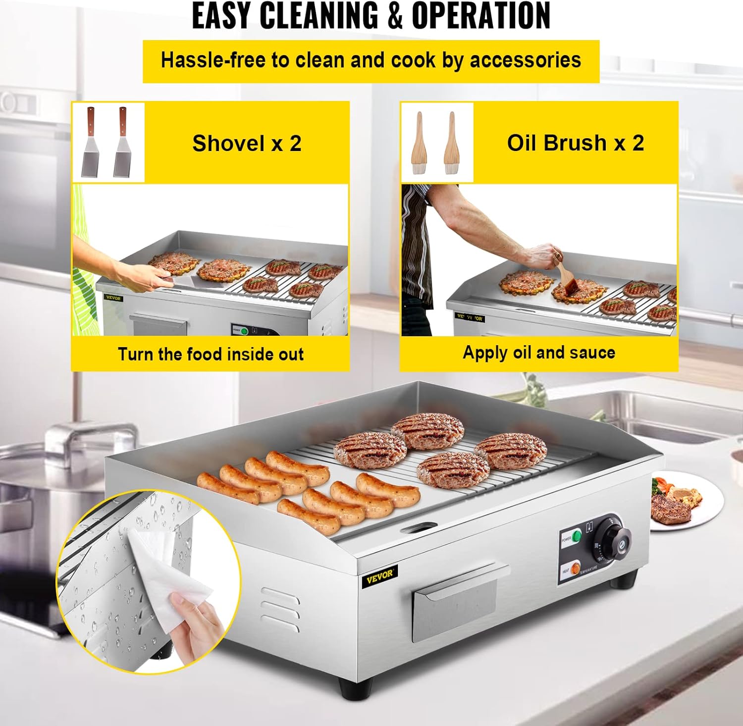 22" Commercial Electric Griddle, 1600W Flat Top Grill, Stainless Steel Countertop Griddle with Drip Hole E11477